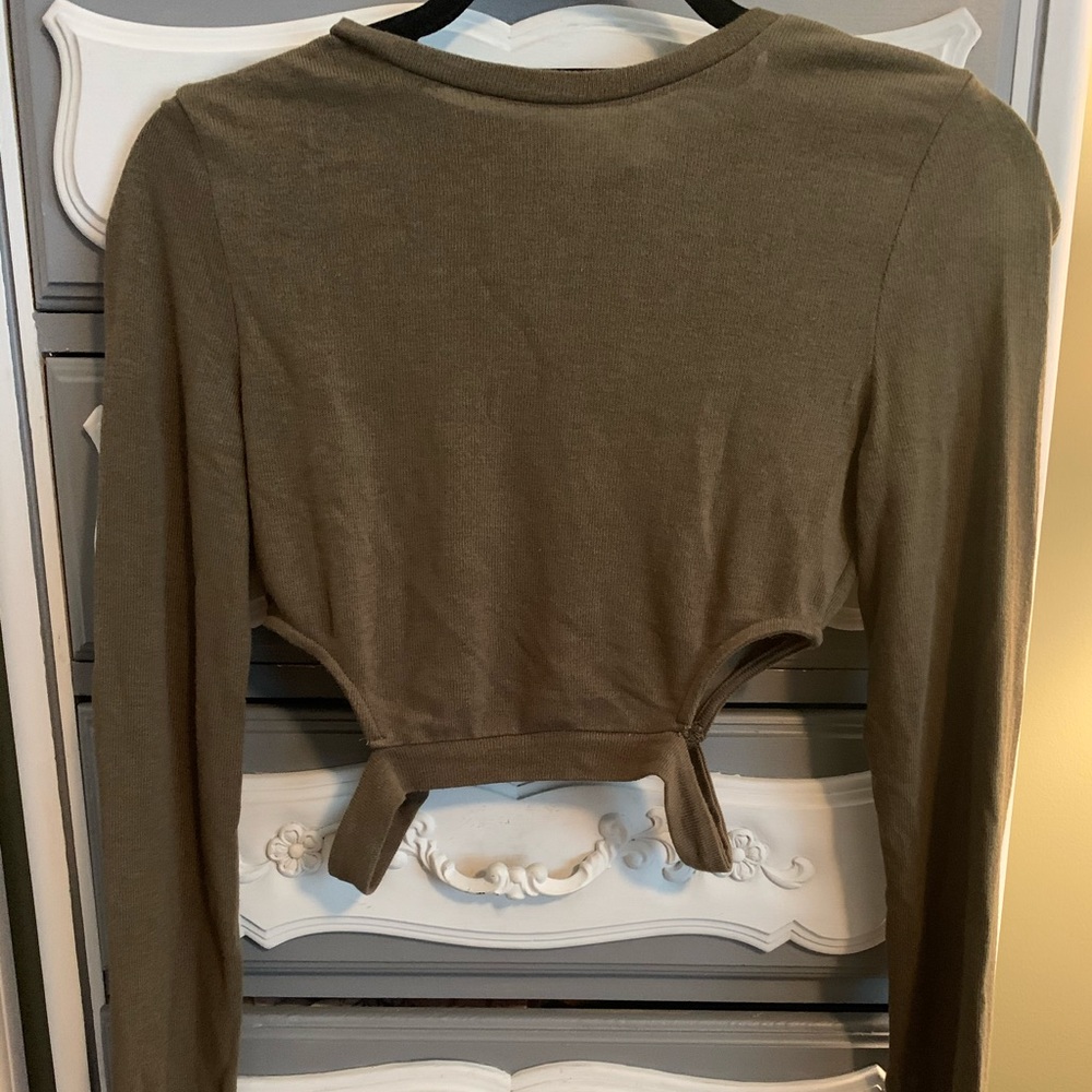 Army green long sleeve cutout top